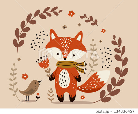 Cartoon Fox Sitting Among Flowers and Leaves 134330457