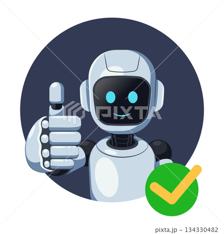 Friendly Robot Giving Thumbs Up with Green Checkmark 134330482