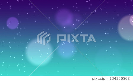Falling snow particles and defocused bokeh circles on purple to turquoise gradient background, white snowflakes overlay for winter design 134330568