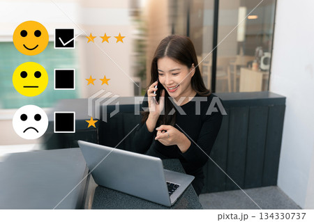 Happy Client customer experience concept. Woman recording phone inquiry with checkboxes, smiling face rating excellent for satisfaction survey. 134330737