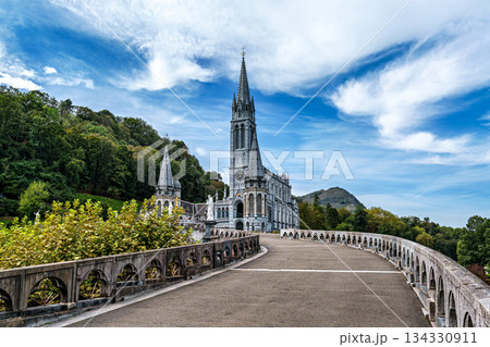 View of the Basilica in the Sanctuary of Lourdes, France. Mayor pilgrimage spot for Catholics 134330911