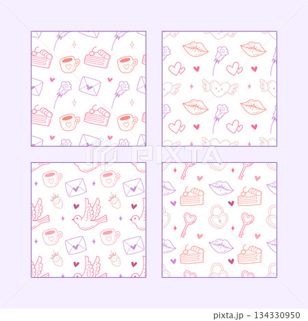 Seamless Pattern Set with Cute Hand Drawn Hearts and Romantic Elements Valentines Day Set Seamless Pattern Set with Cute Hand Drawn Hearts and Romantic Elements Valentines Day Set 134330950