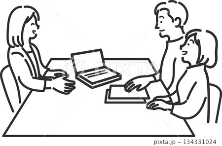 ライフプランについて相談する30代夫婦のイラスト　線画のみ 134331024