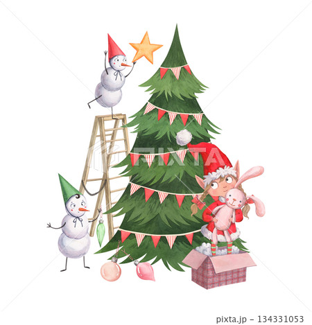 Cheerful snowmen decorate the tree, and a little elf wraps presents 134331053