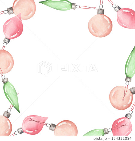 A glass frame with watercolor illustrations of Christmas tree decorations A glass frame with watercolor illustrations of Christmas tree decorations 134331054
