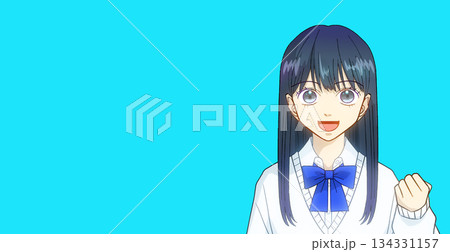 笑顔でガッツポーズをする高校生または中学生の女の子のアニメ風イラスト、シンプルカラー背景 笑顔でガッツポーズをする高校生または中学生の女の子のアニメ風イラスト、シンプルカラー背景 134331157