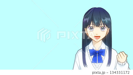 笑顔でガッツポーズをする高校生または中学生の女の子のアニメ風イラスト、シンプルカラー背景 笑顔でガッツポーズをする高校生または中学生の女の子のアニメ風イラスト、シンプルカラー背景 134331172