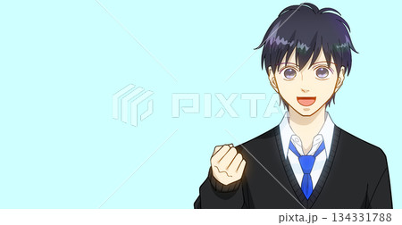 笑顔でガッツポーズをする高校生または中学生の男の子のアニメ風イラスト、シンプルカラー背景 笑顔でガッツポーズをする高校生または中学生の男の子のアニメ風イラスト、シンプルカラー背景 134331788
