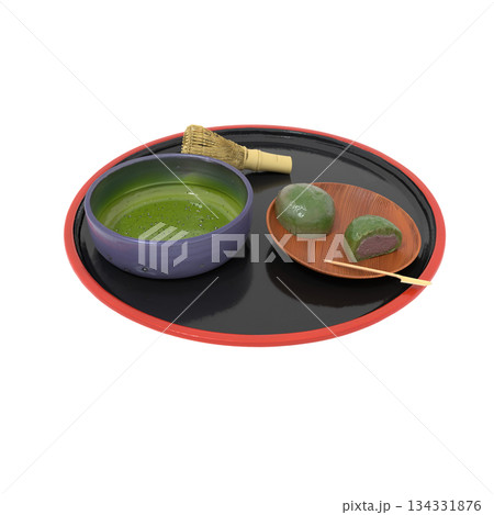 春のスィーツの抹茶と茶筅があるヨモギの入った草餅 134331876