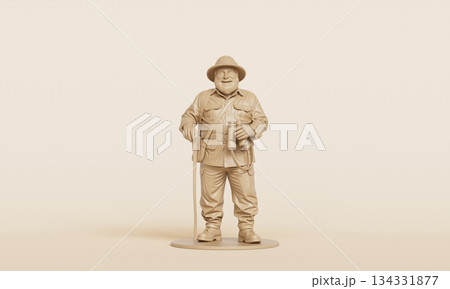 Smiling Elderly Explorer with Walking Staff Miniature  Figure. 3D Rendering. 134331877
