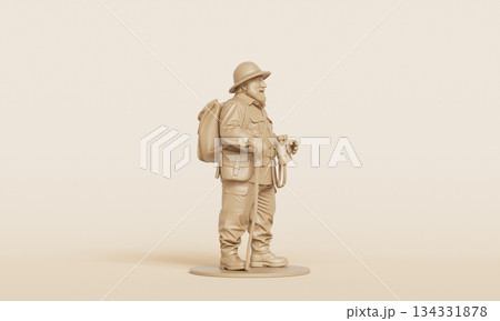 Smiling Elderly Explorer with Walking Staff Miniature  Figure. 3D Rendering. 134331878