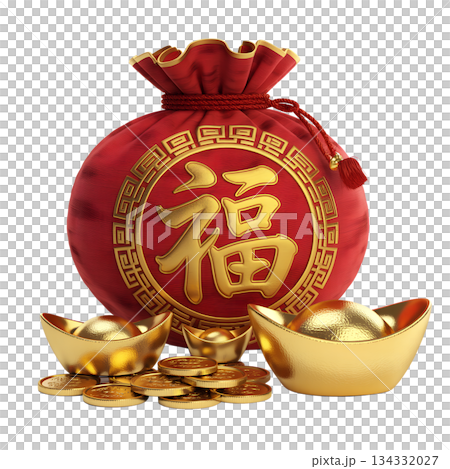 Traditional chinese red lucky bag spilling gold ingots and coins, isolated on transparent for wealth and new year prosperity graphics Traditional chinese red lucky bag spilling gold ingots and coins, isolated on transparent for wealth and new year prosperity graphics 134332027