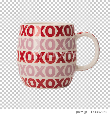 Simple white ceramic coffee mug with a playful repeating xoxo pattern in red and pink, isolated on transparent background for design projects 134332030