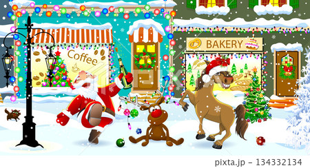 A cheerful Santa, horse, and reindeer on Christmas Eve A cheerful Santa, horse, and reindeer on Christmas Eve 134332134