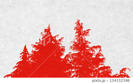 シルエットが美しい赤い和紙アート、リアルなモミの木 134332396