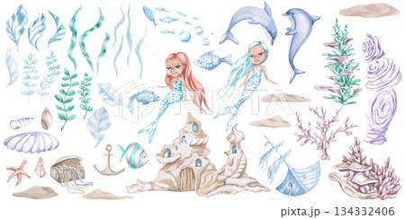 A large set of elements themed around the underwater world of mermaids. Isolated watercolor paintings with a fairytale theme for children's design projects, pattern creation, and interior decor. A large set of elements themed around the underwater world of mermaids. Isolated watercolor paintings with a fairytale theme for children's design projects, pattern creation, and interior decor. 134332406