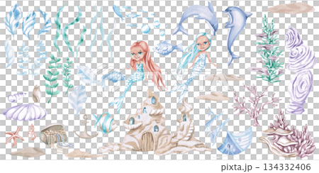 A large set of elements themed around the underwater world of mermaids. Isolated watercolor paintings with a fairytale theme for children's design projects, pattern creation, and interior decor. 134332406