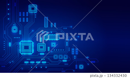 Futuristic blue technology background with glowing digital circuit board lines and microchips Futuristic blue technology background with glowing digital circuit board lines and microchips 134332430