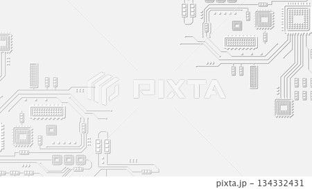 White circuit board background with embossed technology lines and geometric microchip patterns White circuit board background with embossed technology lines and geometric microchip patterns 134332431