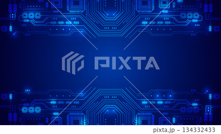 Futuristic blue technology background with glowing digital circuit board lines and microchips 134332433