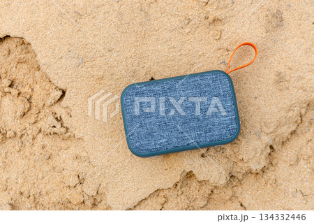 closeup of portable wireless speaker for listening to music, bluetooth speaker 134332446