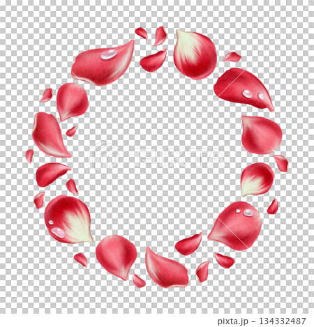 Circular wreath of red rose petals with delicate water droplets,symbolizing love and gratitude.Hand drawn watercolor illustration for Mothers Day cards,gift wrap,floral themed celebrations Circular wreath of red rose petals with delicate water droplets,symbolizing love and gratitude.Hand drawn watercolor illustration for Mothers Day cards,gift wrap,floral themed celebrations 134332487