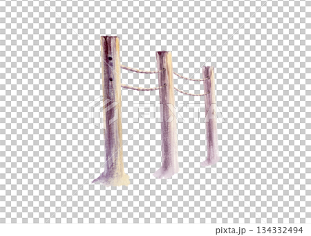 Wooden posts bound with thick rope stand against a coastal sunset in warm amber hues.Watercolor scene elements,with soft textures and nautical feel,for seaside branding,travel blogs,marine theme 134332494