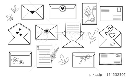 Envelopes and letters with hearts in doodle sketch style 134332505