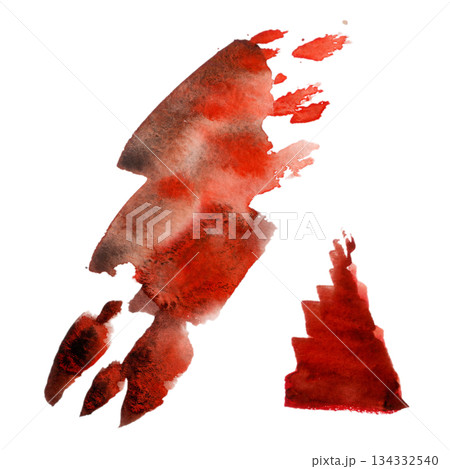 Intense red layered watercolor blotches forming dynamic angular abstraction, blood or tomato juice. Isolated watercolor illustration. Sports branding, creative poster design, or striking decor motifs. 134332540