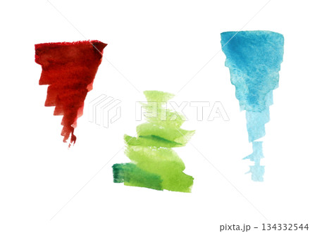 Red, green, and turquoise cone shapes with pointed triangle tapering and delicate bleeding edges. Isolated watercolor illustration. Modern branding, digital collages, or artistic product backgrounds. Red, green, and turquoise cone shapes with pointed triangle tapering and delicate bleeding edges. Isolated watercolor illustration. Modern branding, digital collages, or artistic product backgrounds. 134332544