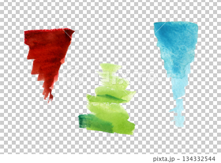 Red, green, and turquoise cone shapes with pointed triangle tapering and delicate bleeding edges. Isolated watercolor illustration. Modern branding, digital collages, or artistic product backgrounds. Red, green, and turquoise cone shapes with pointed triangle tapering and delicate bleeding edges. Isolated watercolor illustration. Modern branding, digital collages, or artistic product backgrounds. 134332544