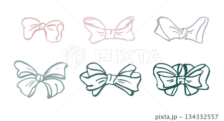 Minimal ribbon bows drawn in realistic flat style. Multiple loops. Vector isolated set of single objects hand drawn in ink. Contemporary branding, wrapping paper patterns, and graphic compositions. Minimal ribbon bows drawn in realistic flat style. Multiple loops. Vector isolated set of single objects hand drawn in ink. Contemporary branding, wrapping paper patterns, and graphic compositions. 134332557