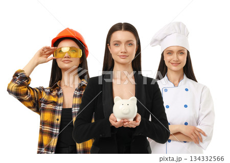 Young woman shows three job looks with piggy bank, PNG Young woman shows three job looks with piggy bank, PNG 134332566
