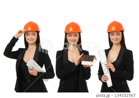Set, Young woman stands in construction outfit with tools, PNG Set, Young woman stands in construction outfit with tools, PNG 134332567