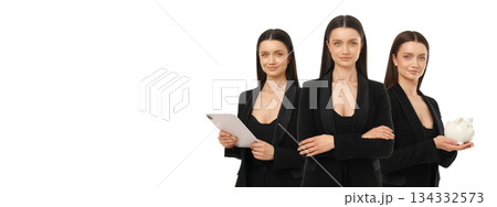 Professional woman poses with tablet and piggy bank, PNG Professional woman poses with tablet and piggy bank, PNG 134332573