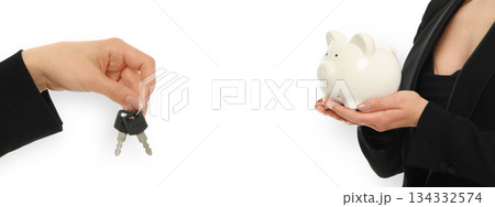 Set, Woman holds keys in one hand, piggy bank in the other, PNG 134332574