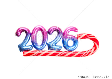 Bright candy cane paired with festive 2026 numbers, on white, PNG Bright candy cane paired with festive 2026 numbers, on white, PNG 134332712