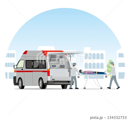 救急車、救急搬送、救急隊のセット 街並み 134332733