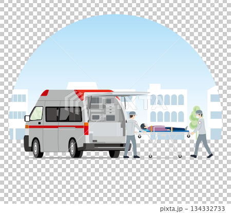 救急車、救急搬送、救急隊のセット 街並み 134332733