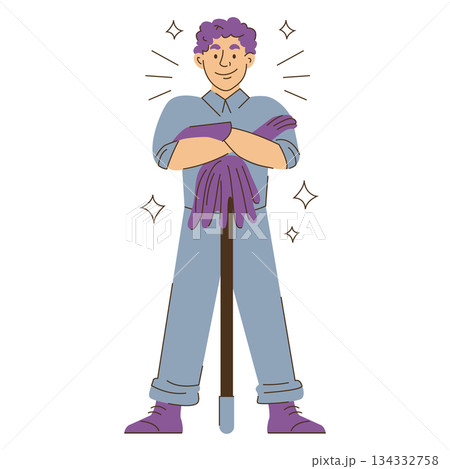 Cleaning service worker standing with mop Cleaning service worker standing with mop 134332758