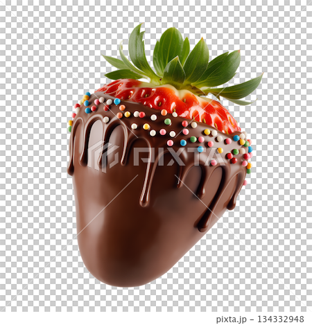 Delicious chocolate-dipped strawberry covered with rainbow sprinkles, isolated on transparent background. Sweet treat for valentine's day, dessert menus, or food blogs 134332948