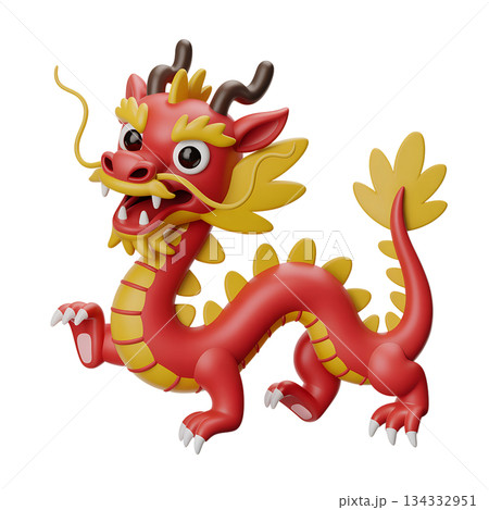 Smiling friendly 3d cartoon dragon character in traditional red and gold colors, ideal for festive celebrations, year of the dragon graphics, and cultural projects Smiling friendly 3d cartoon dragon character in traditional red and gold colors, ideal for festive celebrations, year of the dragon graphics, and cultural projects 134332951
