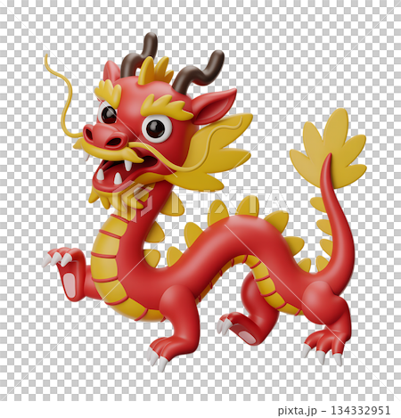 Smiling friendly 3d cartoon dragon character in traditional red and gold colors, ideal for festive celebrations, year of the dragon graphics, and cultural projects 134332951