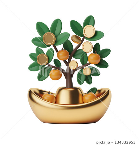 Lucky 3d cai shu (wealth tree) with golden coins and tangerines, traditional symbol of abundance and prosperity for chinese new year celebrations 134332953