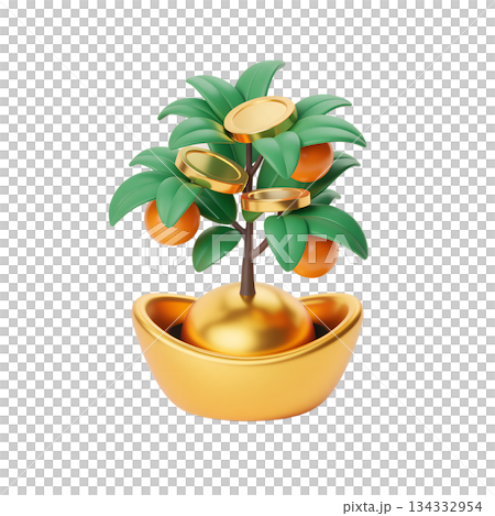 3d illustration of lucky prosperity tree (cai shu) decorated with gold coins and tangerines, symbols of wealth and good fortune for chinese new year 3d illustration of lucky prosperity tree (cai shu) decorated with gold coins and tangerines, symbols of wealth and good fortune for chinese new year 134332954