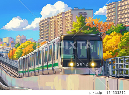 【イラスト風】紅葉の街を駆け抜ける新交通システム車両　生成AI使用 134333212