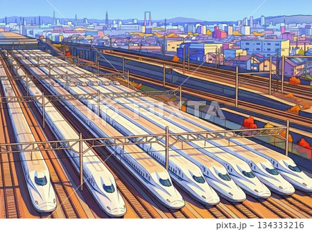 【イラスト風】新幹線の並ぶ車両基地の壮観な風景　生成AI使用 134333216