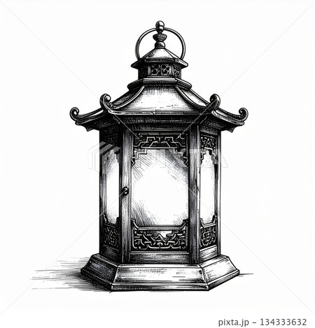 Ornate Asian Lantern in Black and White Illustration with Intricate Details Ornate Asian Lantern in Black and White Illustration with Intricate Details 134333632