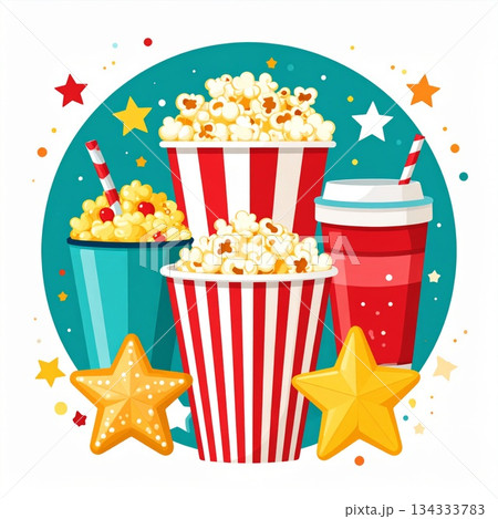 Popcorn Cups and Drinks with Stars on Teal Circular Background 134333783