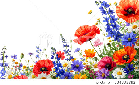 Blue and yellow flowers with lavender on white background Blue and yellow flowers with lavender on white background 134333892